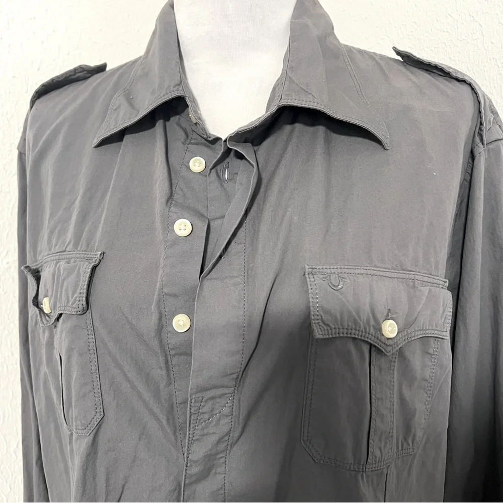 True Religion Men’s Gray XXXL Button Up Long Sleeve Shirt Logo Western Cowboy